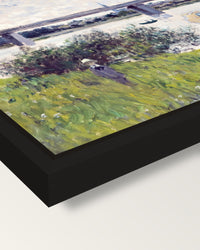 Promenade, Railroad Bridge by Monet framed canvas, corner close-up: a black floating frame with a shadow gap round the canvas