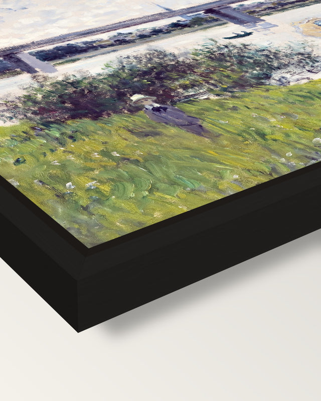 Promenade, Railroad Bridge by Monet framed canvas, corner close-up: a black floating frame with a shadow gap round the canvas