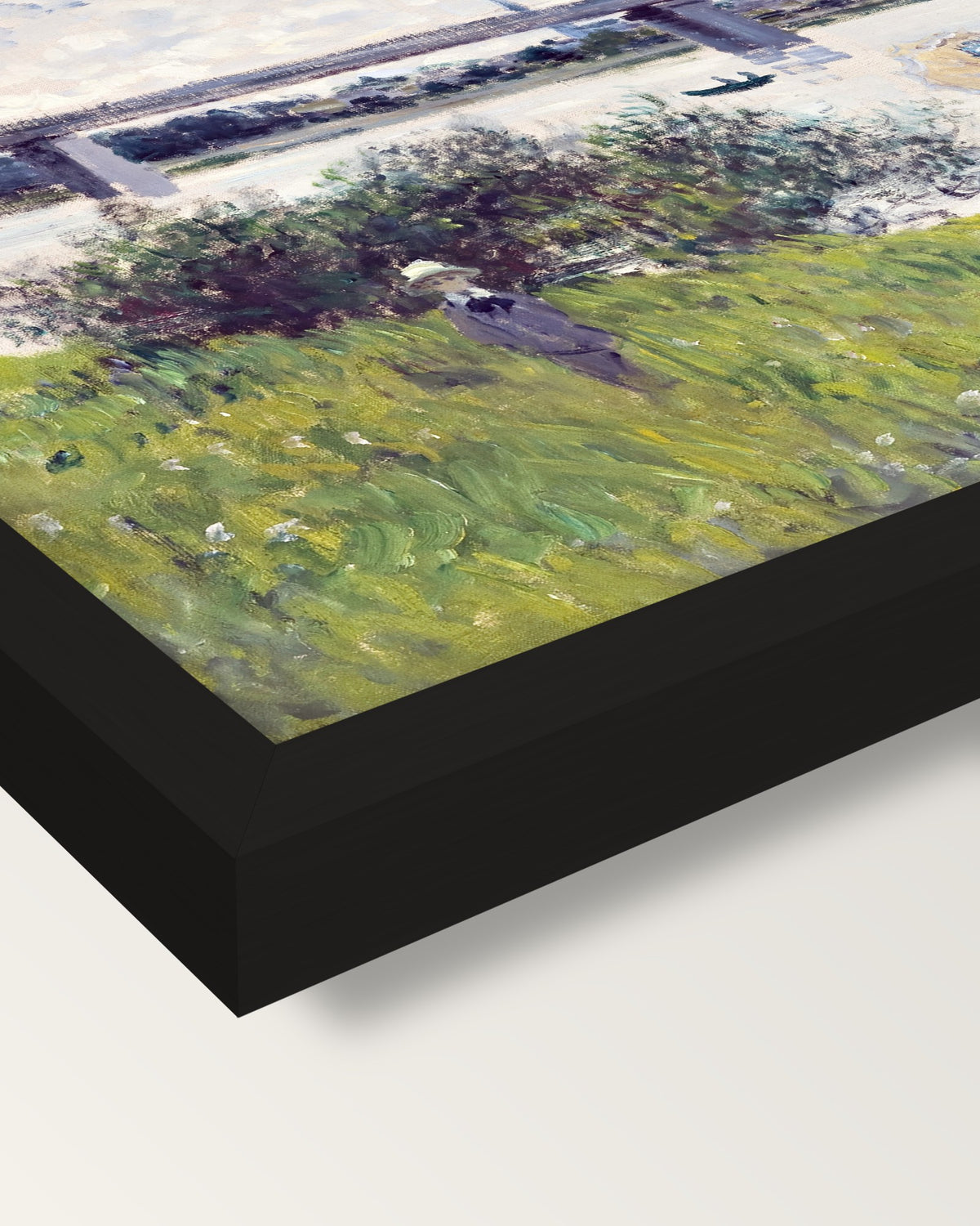 Promenade, Railroad Bridge by Monet framed print, corner close-up: black moulding, mitred, the print set just below its edge