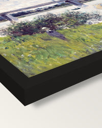 Promenade, Railroad Bridge by Monet framed print, corner close-up: black moulding, mitred, the print set just below its edge