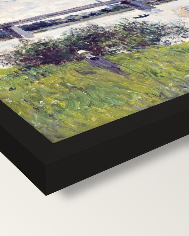 Promenade, Railroad Bridge by Monet framed print, corner close-up: black moulding, mitred, the print set just below its edge
