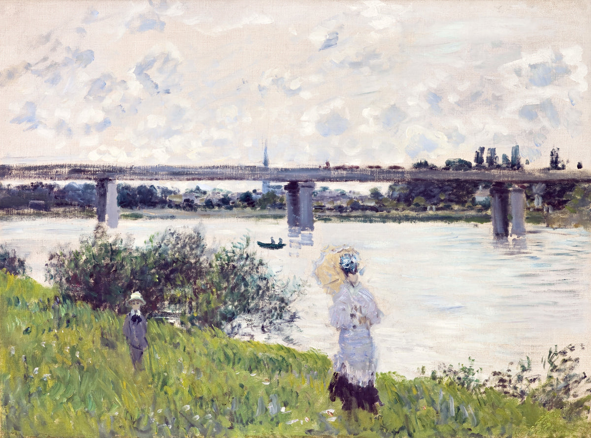The Promenade with the Railroad Bridge by Claude Monet: a woman with a parasol and a child on a riverbank, a bridge behind