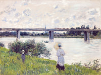 The Promenade with the Railroad Bridge by Claude Monet: a woman with a parasol and a child on a riverbank, a bridge behind
