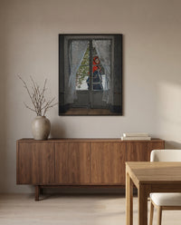 The Red Kerchief by Claude Monet in a black frame above a walnut sideboard in a dining room