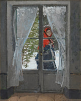 The Red Kerchief by Claude Monet: a woman in a red hood passing a window in the snow, framed by grey curtains