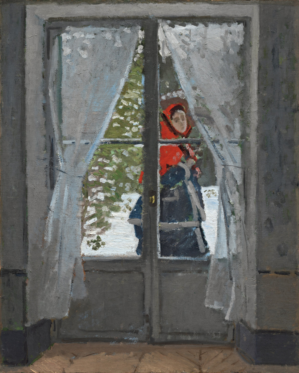 The Red Kerchief by Claude Monet: a woman in a red hood passing a window in the snow, framed by grey curtains