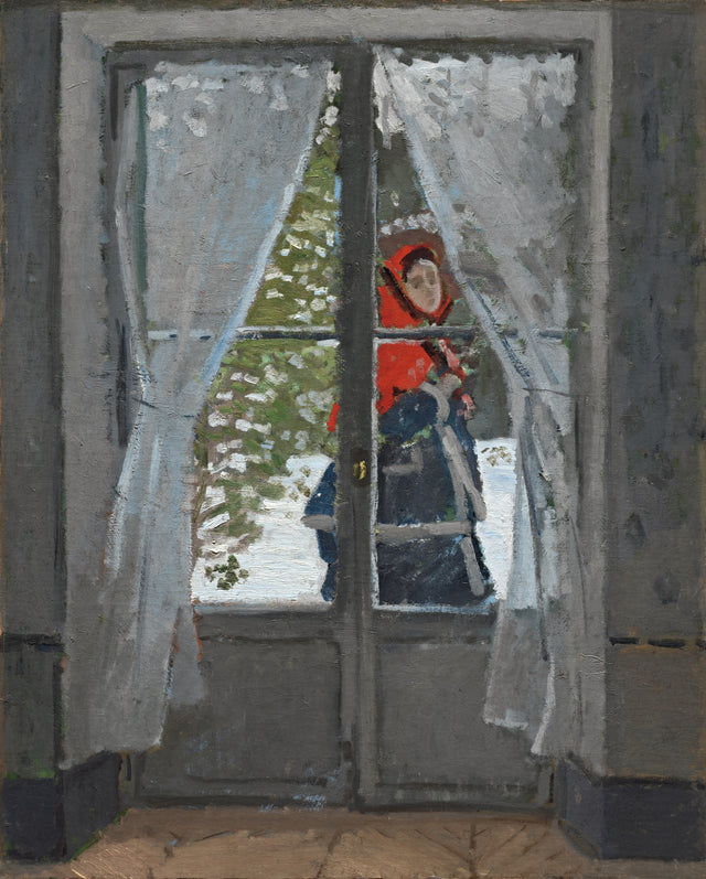 The Red Kerchief by Claude Monet: a woman in a red hood passing a window in the snow, framed by grey curtains