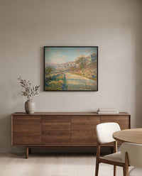 Road to La Roche-Guyon by Claude Monet in a black frame above a walnut sideboard in a dining room