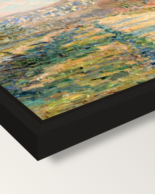 Road to La Roche-Guyon by Monet framed canvas, corner close-up: a black floating frame with a shadow gap round the canvas
