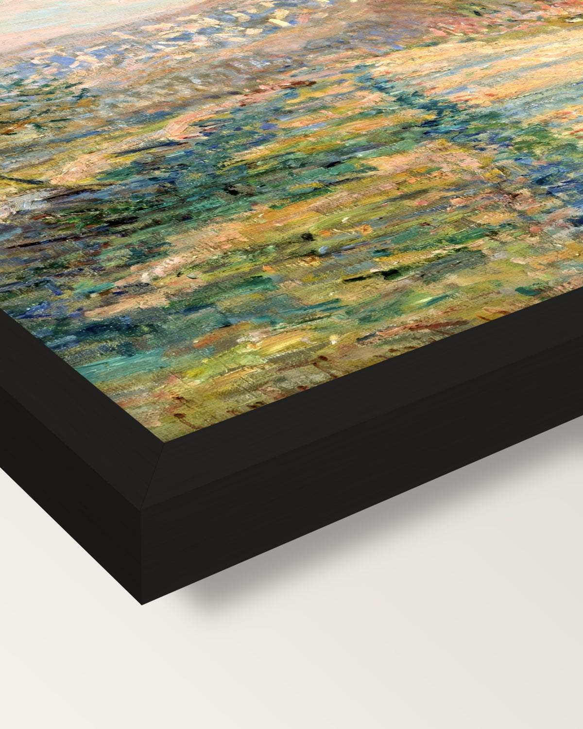 Road to La Roche-Guyon by Monet framed print, corner close-up: black moulding, mitred, the print set just below its edge