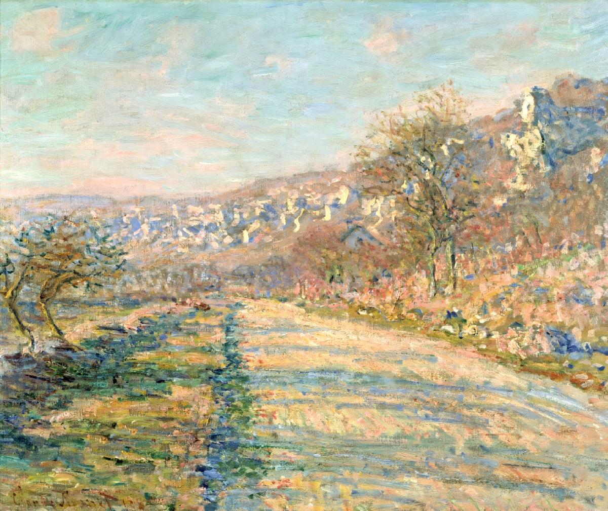 The Road to La Roche-Guyon by Claude Monet: a pale road running beside green fields below a wooded hillside, blue sky