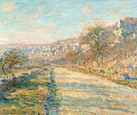 The Road to La Roche-Guyon by Claude Monet: a pale road running beside green fields below a wooded hillside, blue sky