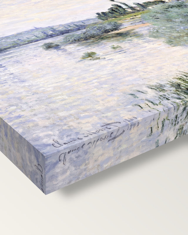 The Seine at Lavacourt by Claude Monet on stretched canvas, corner close-up: the painting mirror-wrapped round the sides