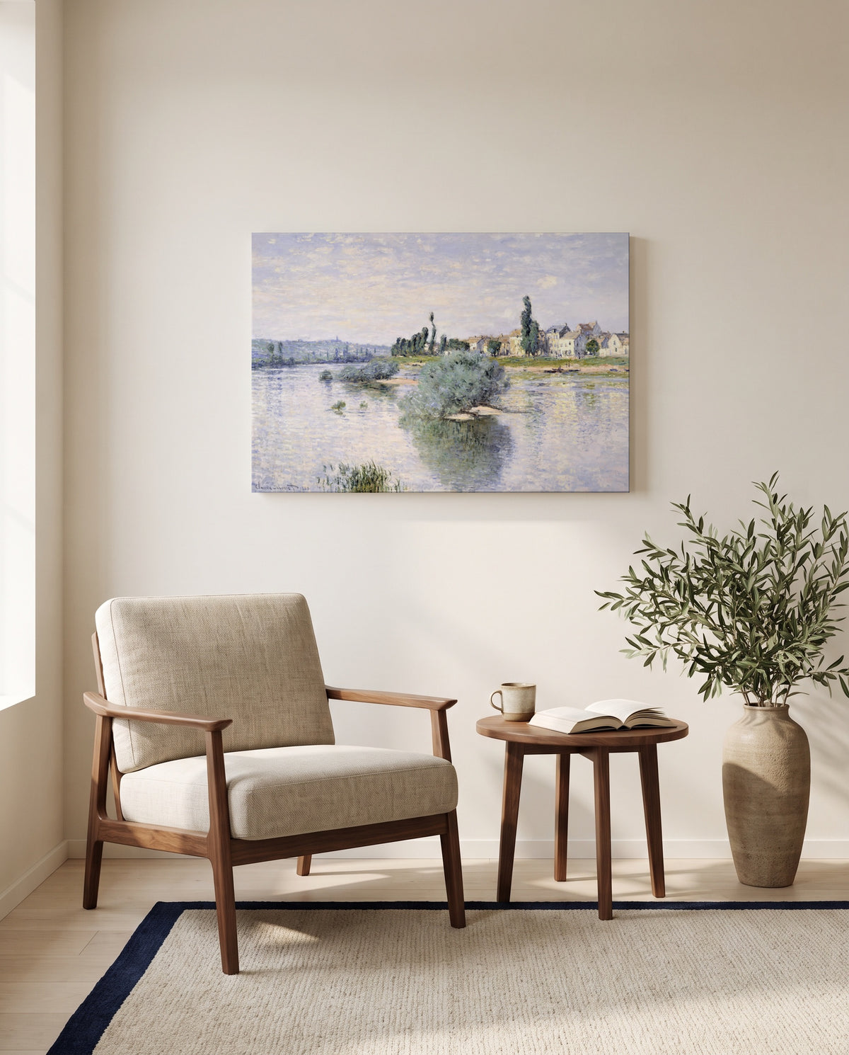 The Seine at Lavacourt by Claude Monet as a stretched canvas above a linen lounge chair in a reading corner