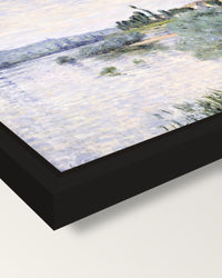 The Seine at Lavacourt by Monet framed canvas, corner close-up: a black floating frame with a shadow gap round the canvas