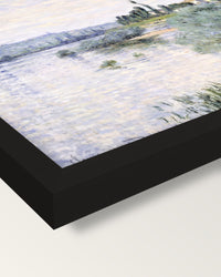 The Seine at Lavacourt by Monet framed print, corner close-up: black moulding, mitred, the print set just below its edge