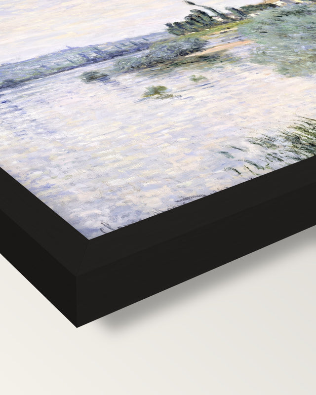 The Seine at Lavacourt by Monet framed print, corner close-up: black moulding, mitred, the print set just below its edge