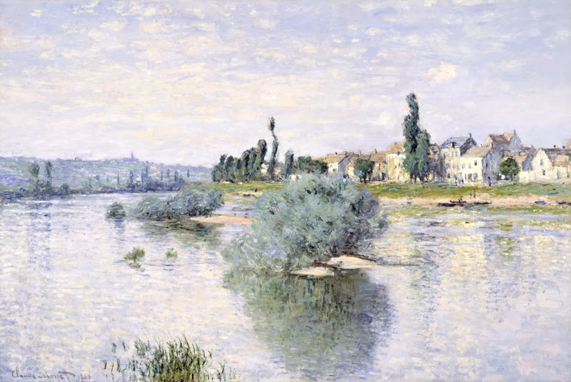 The Seine at Lavacourt by Claude Monet: a wide still river with a small wooded island, white houses and their reflections