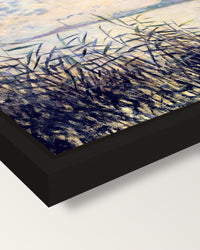 The Seine near Argenteuil by Monet framed canvas, corner close-up: a black floating frame with a shadow gap round the canvas