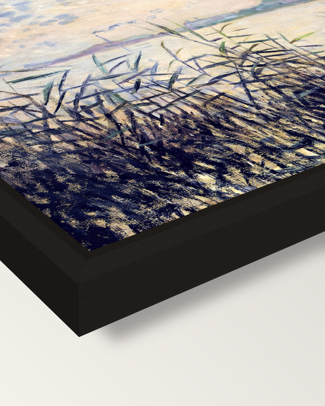 The Seine near Argenteuil by Monet framed canvas, corner close-up: a black floating frame with a shadow gap round the canvas