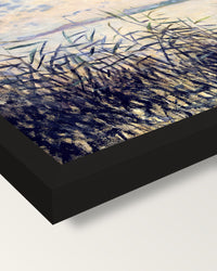 The Seine near Argenteuil by Monet framed print, corner close-up: black moulding, mitred, the print set just below its edge