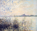 The Seine near Argenteuil by Claude Monet: dark reeds in front of a calm river, a distant town and a high pale cloudy sky