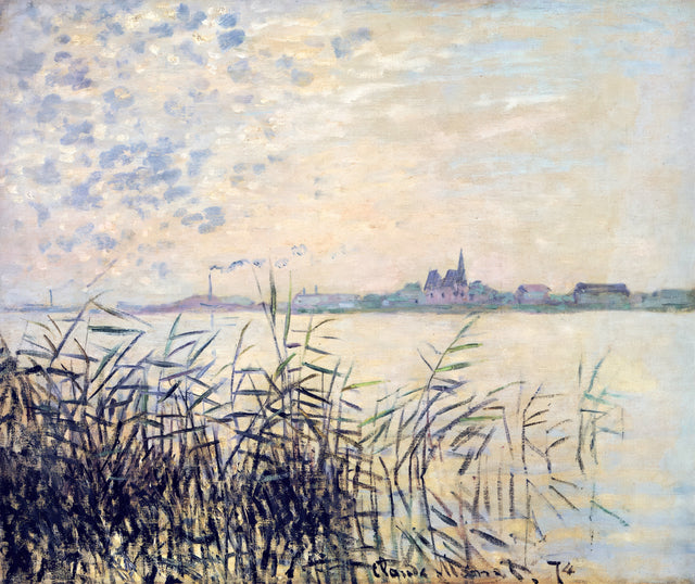 The Seine near Argenteuil by Claude Monet: dark reeds in front of a calm river, a distant town and a high pale cloudy sky