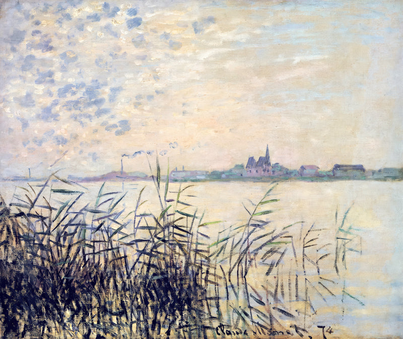 The Seine near Argenteuil by Claude Monet: dark reeds in front of a calm river, a distant town and a high pale cloudy sky