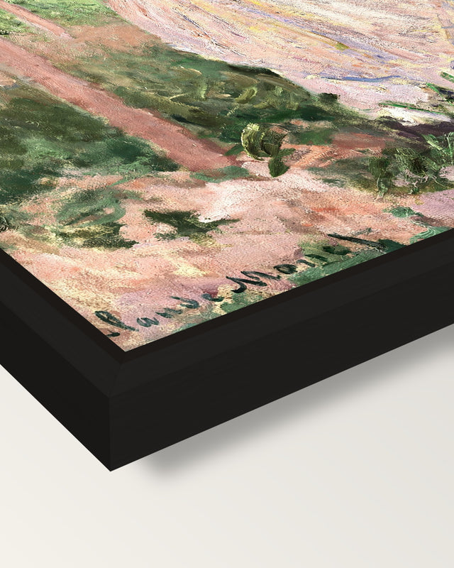 The Stroller by Claude Monet framed canvas, corner close-up: a black floating frame with a shadow gap round the canvas