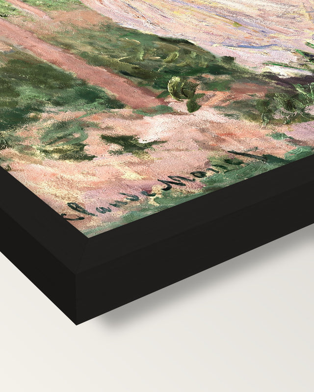 The Stroller by Claude Monet framed print, corner close-up: black moulding, mitred, the print set just below its edge