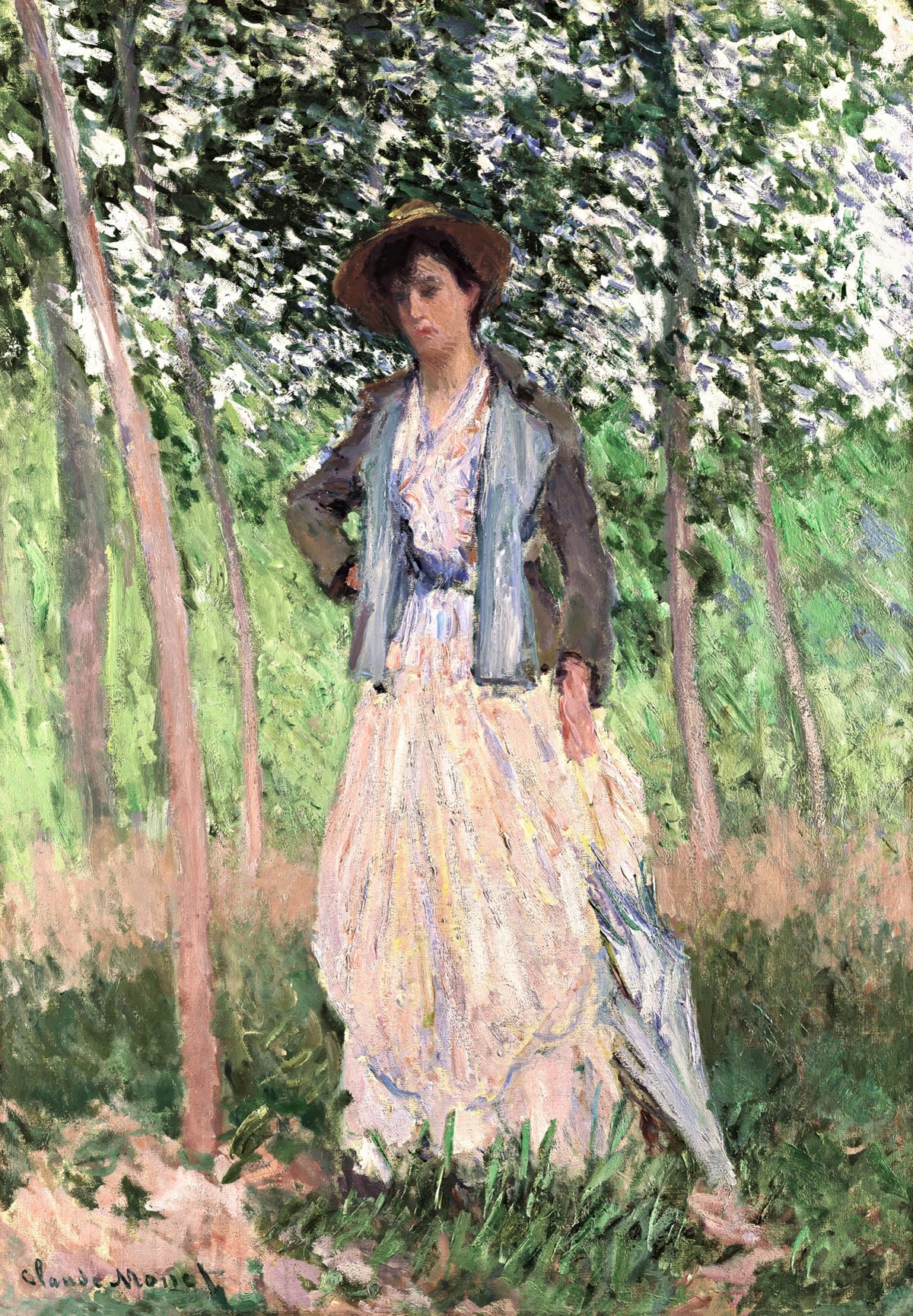 The Stroller by Claude Monet: a young woman in a white dress, dark jacket and straw hat standing among slim trees in a meadow