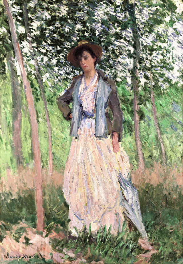 The Stroller by Claude Monet: a young woman in a white dress, dark jacket and straw hat standing among slim trees in a meadow