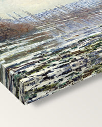 The Thaw at Vétheuil by Claude Monet on stretched canvas, corner close-up: the painting mirror-wrapped round the sides