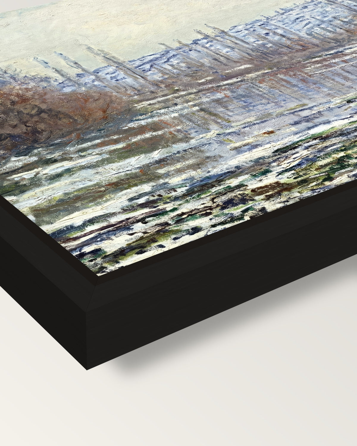 The Thaw at Vétheuil by Monet framed canvas, corner close-up: a black floating frame with a shadow gap round the canvas
