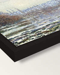 The Thaw at Vétheuil by Monet framed canvas, corner close-up: a black floating frame with a shadow gap round the canvas
