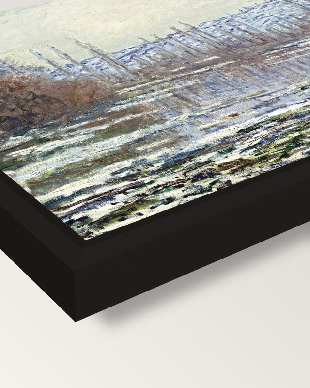The Thaw at Vétheuil by Monet framed canvas, corner close-up: a black floating frame with a shadow gap round the canvas