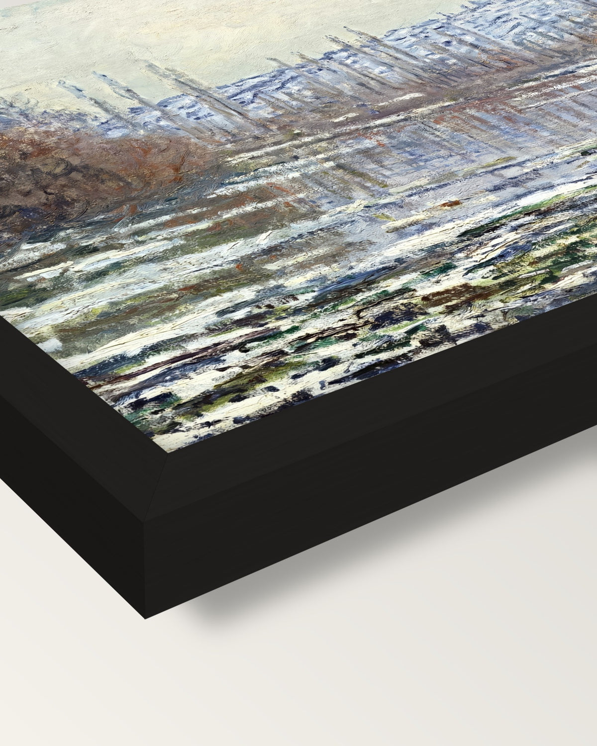 The Thaw at Vétheuil by Claude Monet framed print, corner close-up: black moulding, mitred, the print set just below its edge