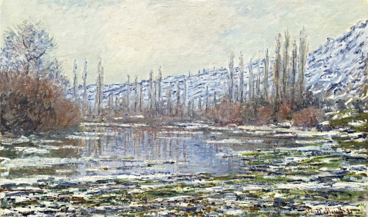 The Thaw at Vétheuil by Claude Monet: ice floes on a grey-blue river below snowy hills and tall bare poplars
