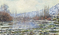 The Thaw at Vétheuil by Claude Monet: ice floes on a grey-blue river below snowy hills and tall bare poplars