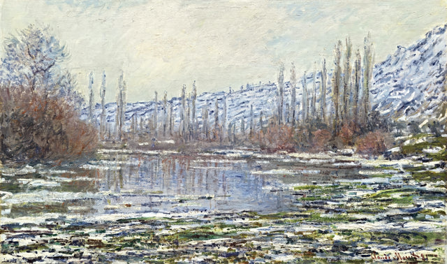 The Thaw at Vétheuil by Claude Monet: ice floes on a grey-blue river below snowy hills and tall bare poplars