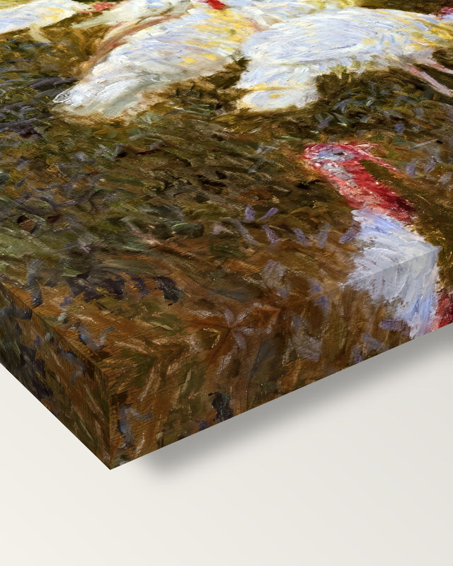 The Turkeys by Claude Monet on stretched canvas, corner close-up: the painting mirror-wrapped round the sides