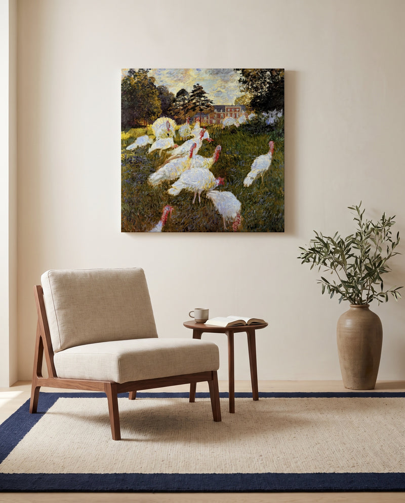 The Turkeys by Claude Monet as a stretched canvas above a linen lounge chair in a reading corner