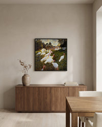 The Turkeys by Claude Monet in a black frame above a walnut sideboard in a dining room