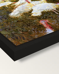 The Turkeys by Claude Monet framed canvas, corner close-up: a black floating frame with a shadow gap round the canvas