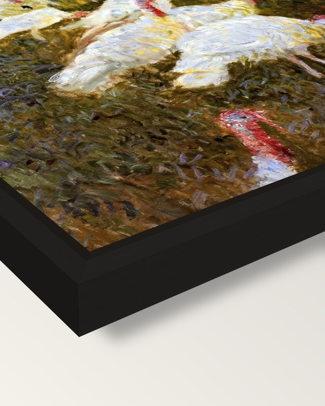 The Turkeys by Claude Monet framed canvas, corner close-up: a black floating frame with a shadow gap round the canvas