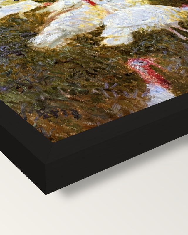 The Turkeys by Claude Monet framed print, corner close-up: black moulding, mitred, the print set just below its edge