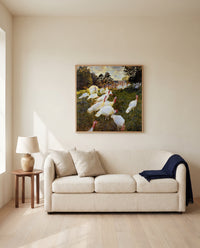 The Turkeys by Claude Monet framed in natural oak above a cream sofa in a warm living room