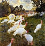 The Turkeys by Claude Monet: white turkeys with red heads on a green lawn, trees and a château behind