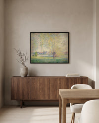 The Willows by Claude Monet in a black frame above a walnut sideboard in a dining room