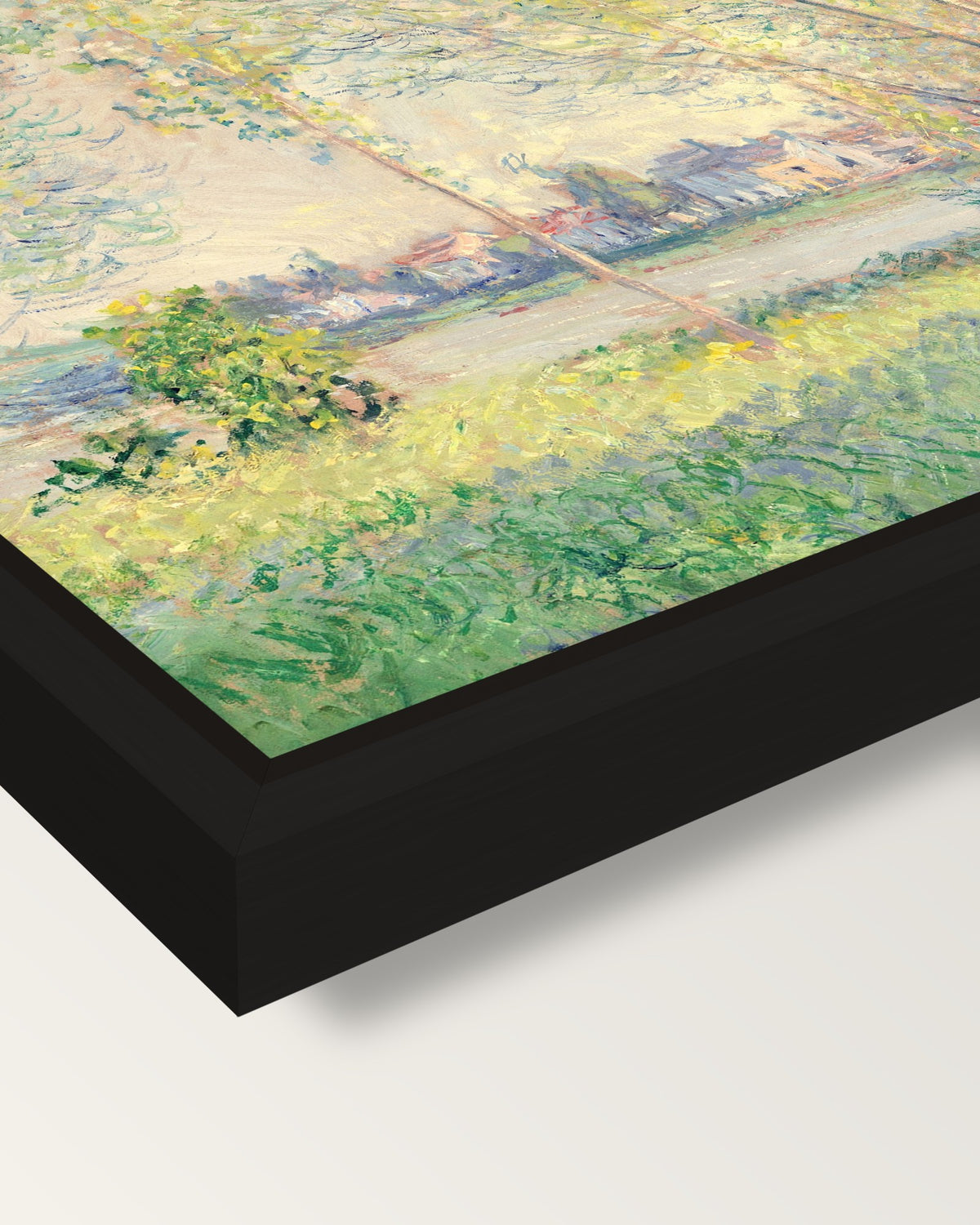 The Willows by Claude Monet framed canvas, corner close-up: a black floating frame with a shadow gap round the canvas